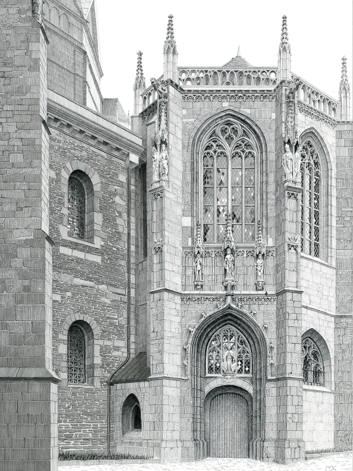 Gothic Aachen Cathedral, Germany, pencil drawing