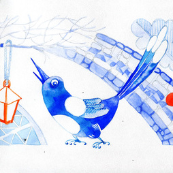 красное на синем.