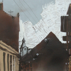 Прибалтийский альбом №2. Лист 15. Б., чеки, тушь, акриловый спрей, гуашь. 40х60