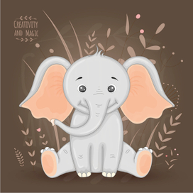 Маленький слон сидит на цветочном фоне