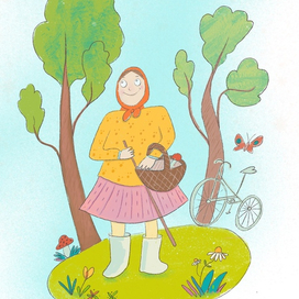 Бабуля собирает грибы