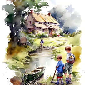 Пейзаж с детьми у пруда