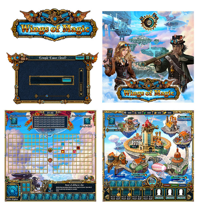 иллюстрации, интерфейс, иконки,логотип,персонажи для игры "Wings of magic"