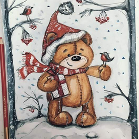 Мишка Тедди акварель