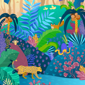 Tropical illustration with animals and girl