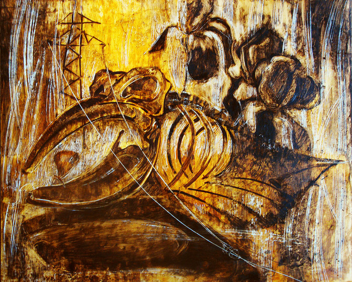 натюрморт со скелетом кита, ирисами и линией электропередач