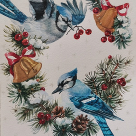 Новогодняя открытка "синие сойки" 