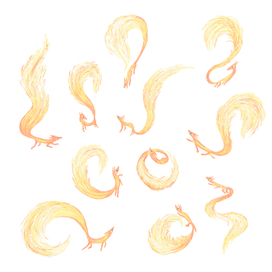 Orange foxes with long fluffy fiery tails