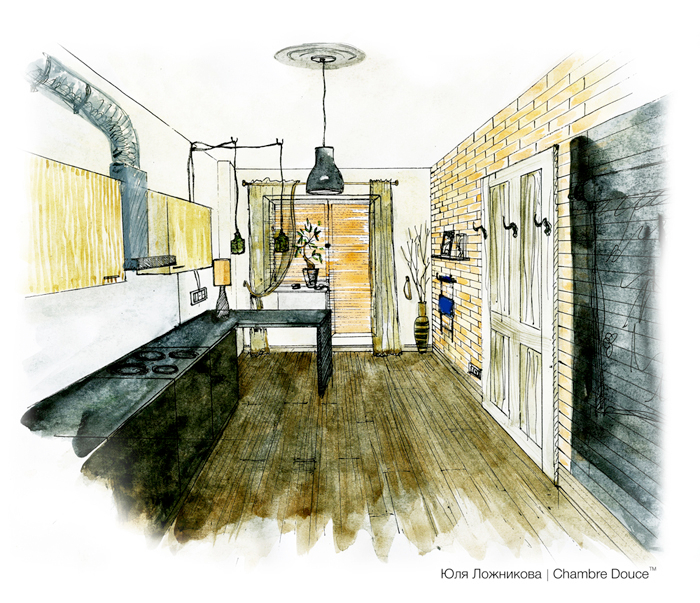 эскиз кухни. стиль loft