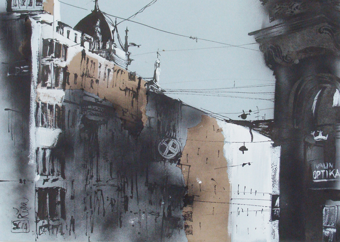 Прибалтийский альбом №2.Лист 7. Б., тушь, акриловый спрей, гуашь. 40х60