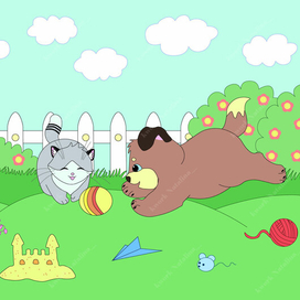 Котенок и щенок играют