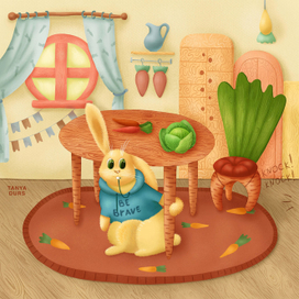 Обеспокоенный зайчик прячется под столом