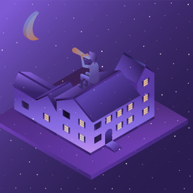 Buildings in perspective, the moon at night. House in 3D. Vector illustration.