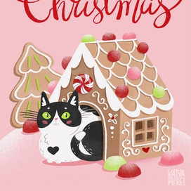 Новогодняя открытка с котом и пряничным домиком