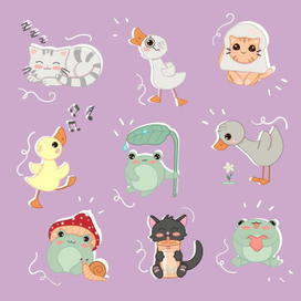 Милые персонажи: лягушка, утка, кот/ векторная иллюстрация, стикеры