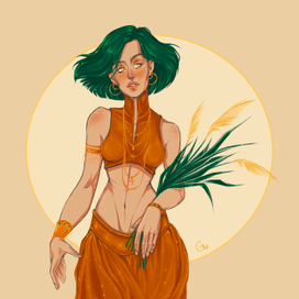Зеленоволосая девушка с пшеницей