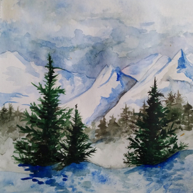 Зимний пейзаж - елки и снежные вершины