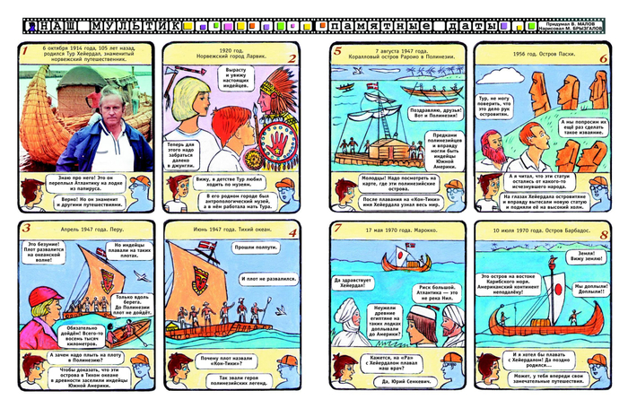 Иллюстрации для детского журнала"А почему?".Рубрика"Наш мультик"(Комикс).Тема :Тур Хейердал выдающийся норвежский путешественник и исследователь.