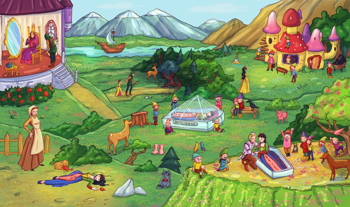 Разворот из книги "Попробуй-ка найти. Сказки братьев Гримм"