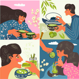 Matcha tea, vector set, teapot, mug, latte, ice cream, illustration
