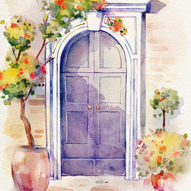 Blue door. Digital watercolor