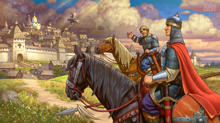 -"Смотри", говорит - "Гадина какая к нам в городище летит!". Иллюстрация к былине "Алёша Попович".