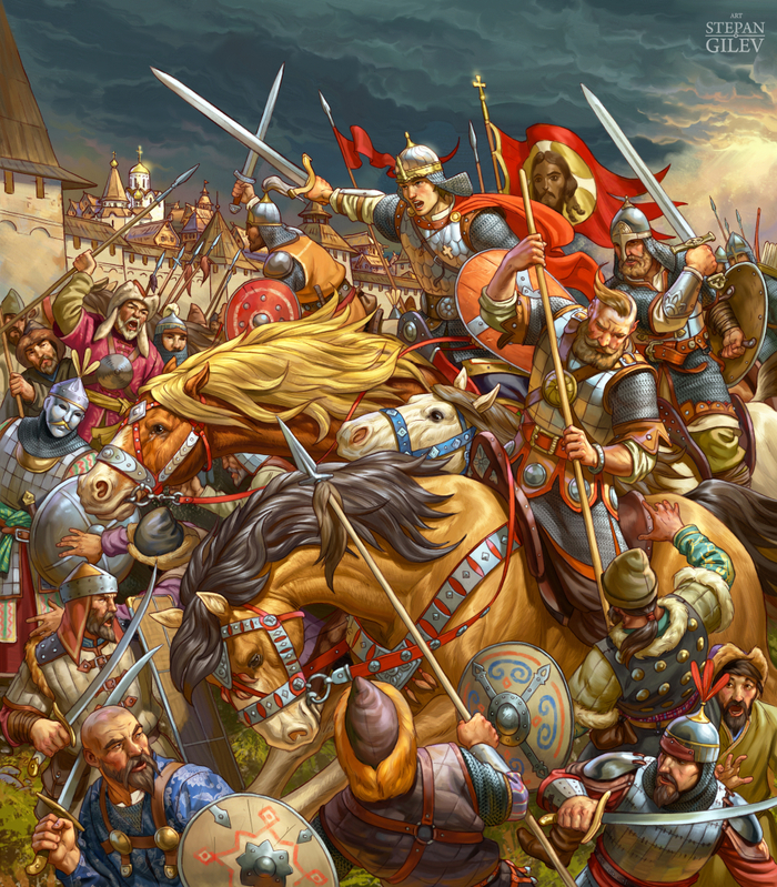 Иллюстрация к былине "Алеша Попович".  "Бой".