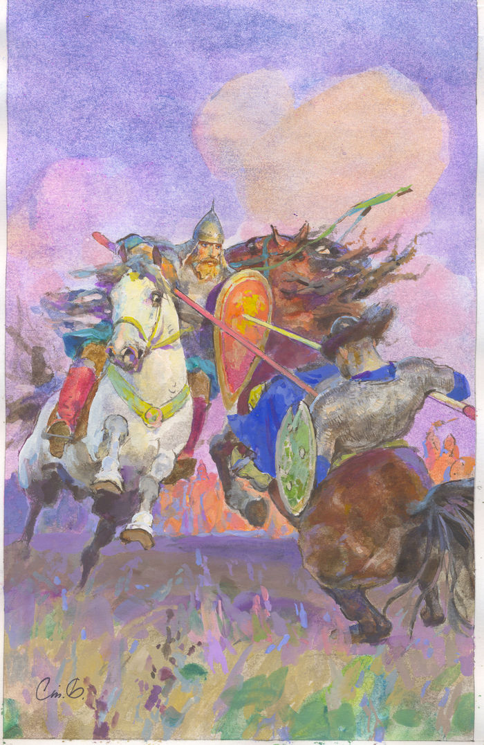 Иллюстрация  "Бой Пересвета с Челубеем" из книги"Рассказы по истории России"