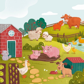 Иллюстрации для магнитной игры Ферма, с персонажами, животными, предметами и фоном