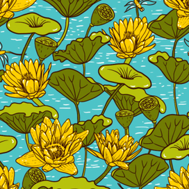 Желтые лилии на болоте. Бесшовный орнамент, паттерн