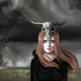 Girl with a skull on his head