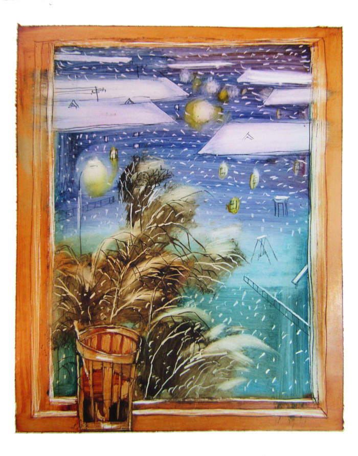 3.  Иллюстрация к книге стихов Е. Леоновой Бессонница. 2016, масло, мел. картон 12,5х16