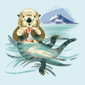 Калан на фоне острова Парамушир