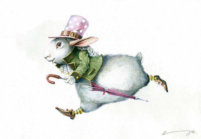 "Вдруг мимо пробежал белый кролик с красными глазами."