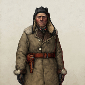 Командир в полушубке, в суконной гимнастерке без окантовки и танкошлеме на меху