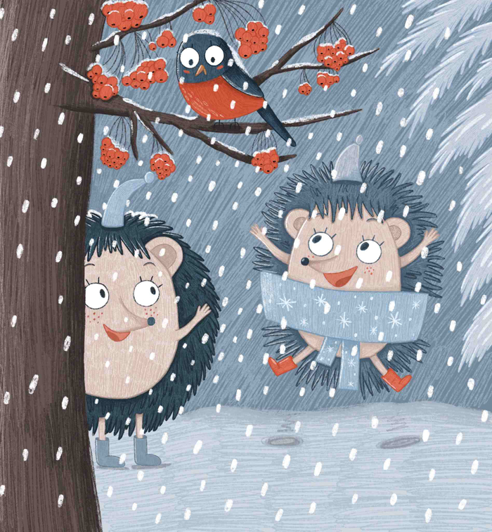 Детская иллюстрация для книг. Ёжики резвятся на снегу.
