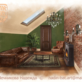 Интерьер комнаты отдыхы с камином.