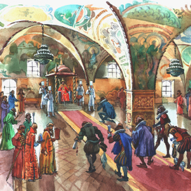 Послы на приёме у царя Алексея Михайловича в Грановитой палате. Илл. к учебнику по москвоведению.