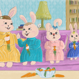 Зайчата кушают морковь сидя на диване дома