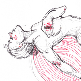 Серия набросков нарисованных красным и чёрным линером