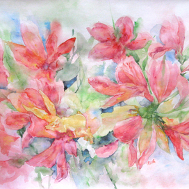 Солнечный заяц в букете Альстромерии. Акварель. Открытка