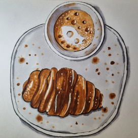 Кофе с круассаном выполненные спиртовыми маркерами