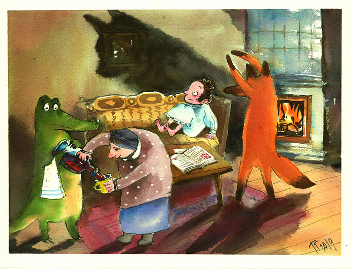 Лис рассказывает сказки Пушкину, пока няня занята