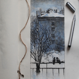 Sketch. Winter. Pigeons. Скетч. Зима. Голуби.