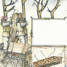 Так подбирали из частей дерева и изготавливали детали и части парусных кораблей. Внизу показано как проедал дерево кораблей морской червь.