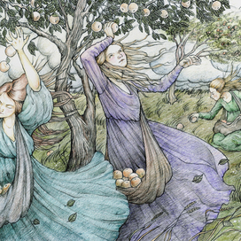 Три сборщицы яблок в ветреный день