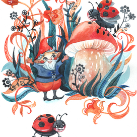 Гном и букашки нашли гриб