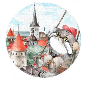 серия иллюстраций  манул-путешественник, Таллин, Эстония