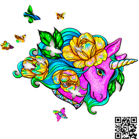 Разработка макета фигурного пазла Единорог и пионы