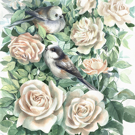 Синицы в кремовых розах